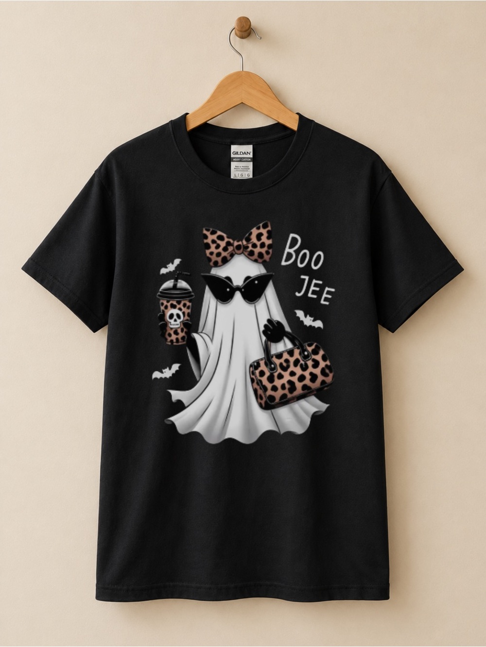 Gildan Black Tee with Leopard-Accent 'Boo Jee' Ghost Graphic